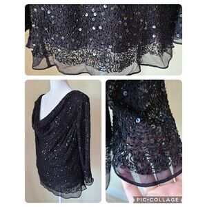 Vintage 90s Sequin Cowl Adrianna Papell Occasions Silk Blouse 14 Black Lined